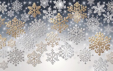 Gold and silver snowflakes falling on a dark blue background with sparkling lights.