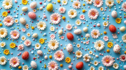 Fototapeta premium Colorful easter eggs and spring flowers creating a festive flat lay on blue background