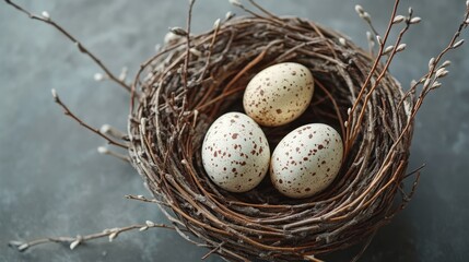 Obraz premium Easter eggs with brown spots lying in a bird nest decorated with willow branches