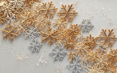 Golden and silver snowflakes scattered on a white background with glitter.