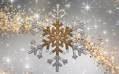 Sparkling silver and gold snowflake on a grey background with glittering stars.