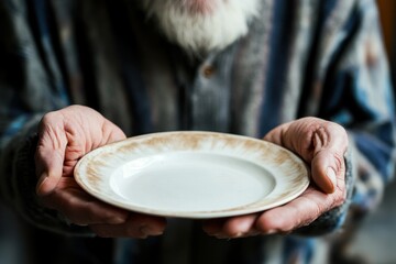 Old person in front of an empty plate , elders poverty and undernutrition concept image