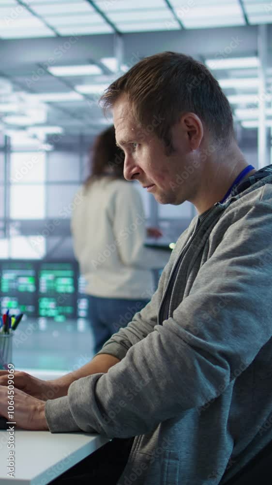 Poster portrait of smiling engineer inspecting server rows in data center. happy man supervising supercompu