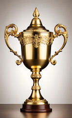 Fototapeta premium Vintage Gold Cup Trophy with Ornate Detailing on Plain Background and Generous Copy Space