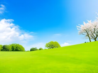 Fototapeta premium Explore the tranquil beauty of a green landscape under a bright blue sky with cherry blossom trees