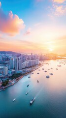 Fototapeta premium Coastal Cityscape with Tall Buildings at Sunset