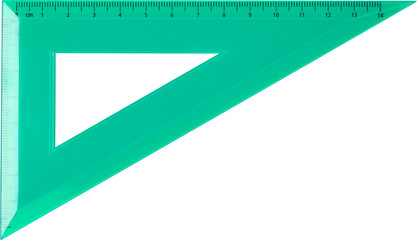 green transparent 30/60 degree set square isolated white background, triangular tool used in...