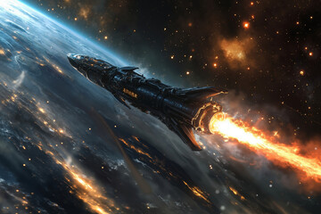 Fototapeta premium A spaceship with a fiery exhaust is flying through a starry space with a planet below