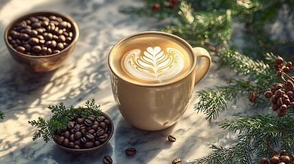 Coffee Latte with Coffee Beans and Pine Branches on Marble Table