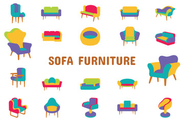 Sofa Furniture Flat Vector Illustration Icon Sticker Set Design Materials