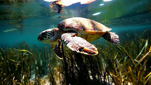  Sea Turtle Swimming Through Seaweed