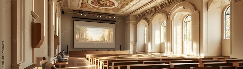 Poster A Large Auditorium With Rows Of Desks And A Projector Screen