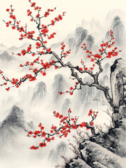 Chinese style ink wash landscape plum blossom landscape painting