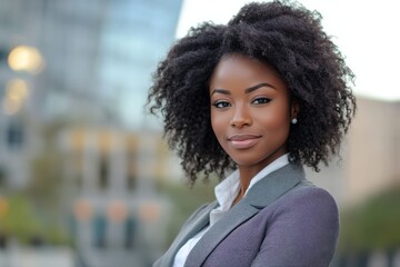 A beautiful black afro american woman in suit outdoors with a blurry business center