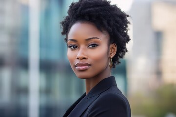 A beautiful black afro american woman in suit outdoors with a blurry business center