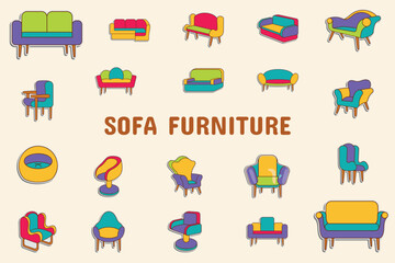 Sofa Furniture Lineal Color Vector Illustration Icon Sticker Set Design Materials