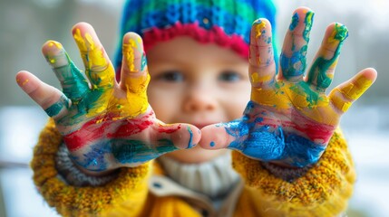 Close-up photo of child's hands touch painting rainbow on window. Family life background. Image of kids leisure at home, childcare, safety joy symbol