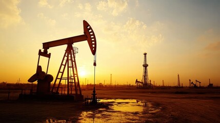 Oil Pumpjack in Desert at Sunrise	