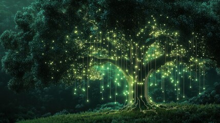 Obraz premium The combination of trees and natural circuit technology is an environmentally friendly future background wallpaper AI generated image