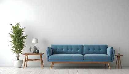 A modern blue sofa with wooden legs in a minimalist living room with a white wall and a wooden side table.