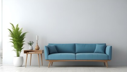 A modern blue sofa with wooden legs in a minimalist living room with a white wall and a wooden side table.