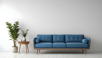 A modern blue sofa with wooden legs in a minimalist living room with a white wall and a wooden side table.