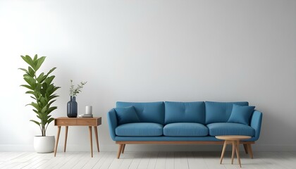A modern blue sofa with wooden legs in a minimalist living room with a white wall and a wooden side table.