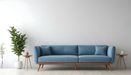 A modern blue sofa with wooden legs in a minimalist living room with a white wall and a wooden side table.