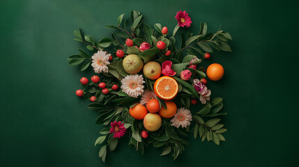 Fruits, flowers and leaves on dark green background
