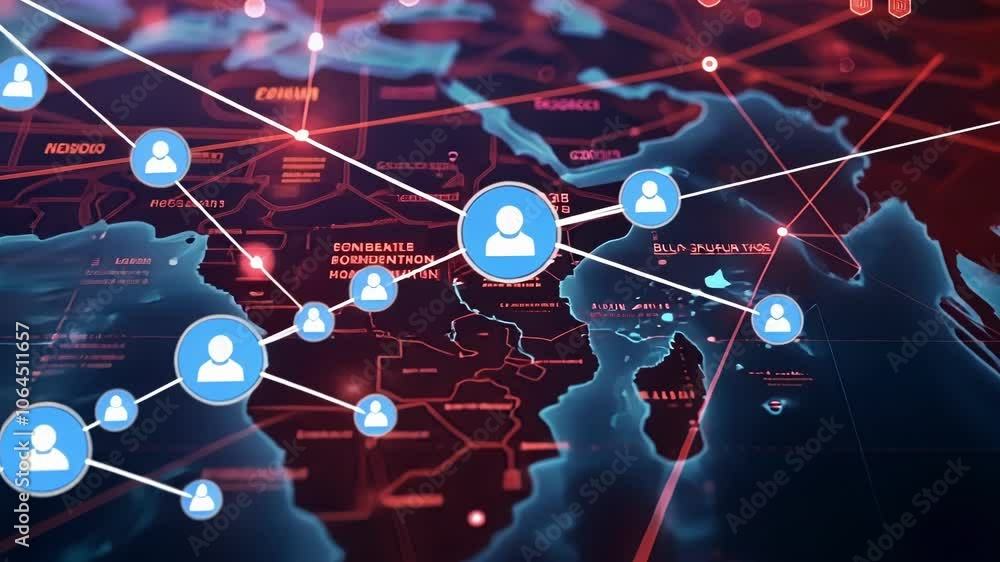 Poster red connecting lines are seen across a dark digital world map with glowing dots, suggesting a cyber 