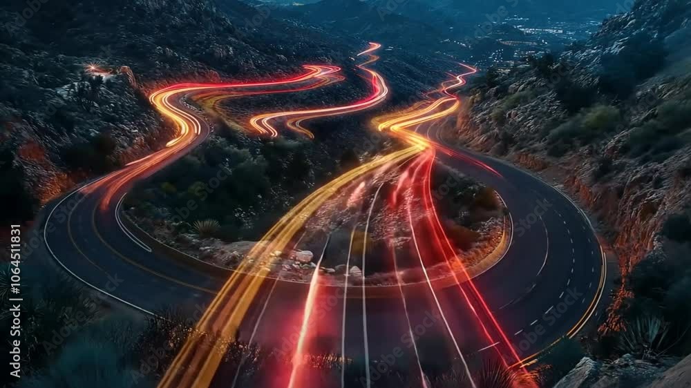 Poster aerial view of a winding highway through mountains at night, with red tail lights from cars creating