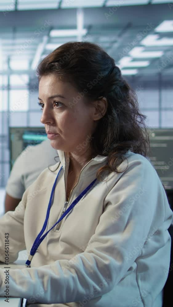 Poster portrait of upbeat woman working in high tech ai facility providing computing resources for differen