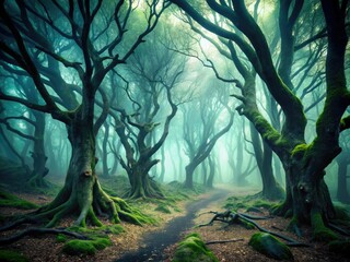 Fog envelops creepy trees in a spooky forest, shadows dance menacingly, distant whispers linger, crafting a nightmarish landscape filled with an unsettling, haunting aura.
