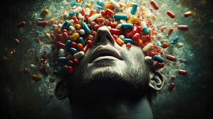 A man's face is surrounded by a flurry of colorful pills, representing the overwhelming feeling of addiction and dependency.