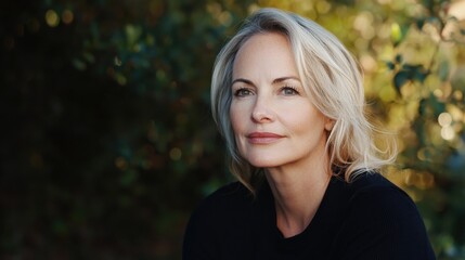 Portrait of a serene woman in her 40s with glowing skin, showcasing the effects of botox and filler treatments in a natural, well-lit setting