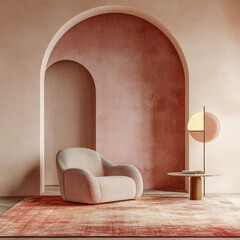 Minimalist, loft interior design of modern living room. Accent lounge chair against stucco wall and concrete column.
