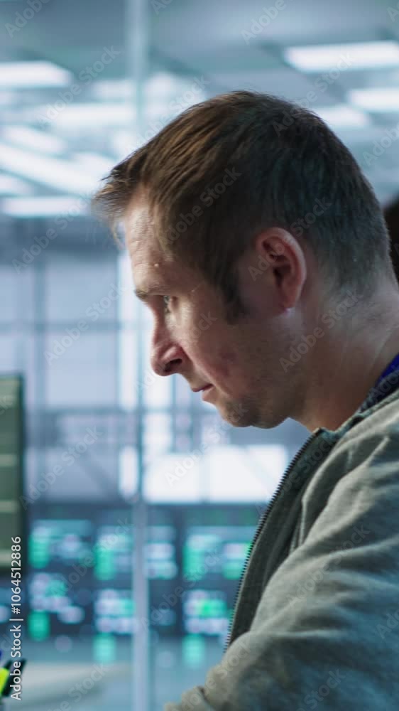 Poster portrait of smiling engineer inspecting server rows in data center. happy man supervising supercompu