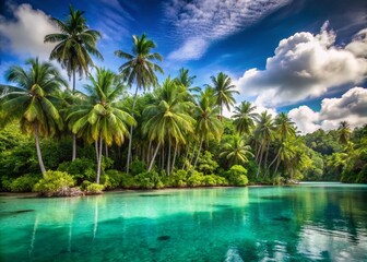 Fototapeta premium Paradise found: lush tropical trees whisper relaxation in serenity.