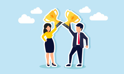 Businessman and businesswoman each lift and display trophies, illustration of success in managing and growing a business to become the best company