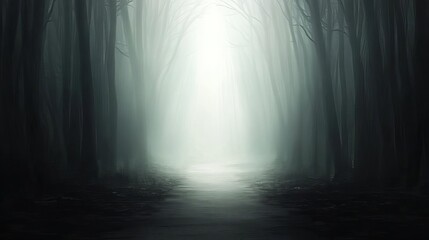 A forest pathway leading into a bright light, symbolizing new paths, new journey with uncertainty and mystery.