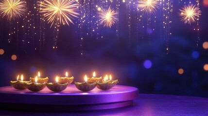 Banner design for diwali festival and podium,Diwali light decoration candle with fireworks,Stage,Product display Showcase design sparkle background,Deepavali,Dipavali,3D podium illustration.
