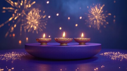 Banner design for diwali festival and podium,Diwali light decoration candle with fireworks,Stage,Product display Showcase design sparkle background,Deepavali,Dipavali,3D podium illustration.