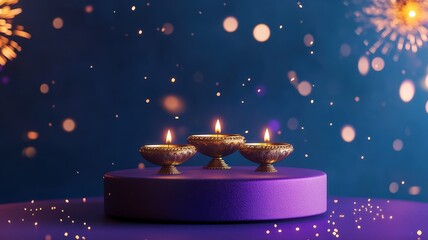 Banner design for diwali festival and podium,Diwali light decoration candle with fireworks,Stage,Product display Showcase design sparkle background,Deepavali,Dipavali,3D podium illustration.
