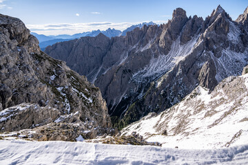 Grand peak rock mountain of Cadini di Misurina. Location place Tre Cime di Lavaredo, Dolomites,...