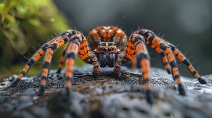 A macro photograph of a black and white jumping spider with orange eyes, taken on a white background