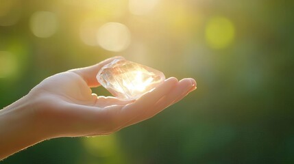 A hand gently holding a crystal with light refracting, symbolizing clarity and transformation, high detail, soft lighting