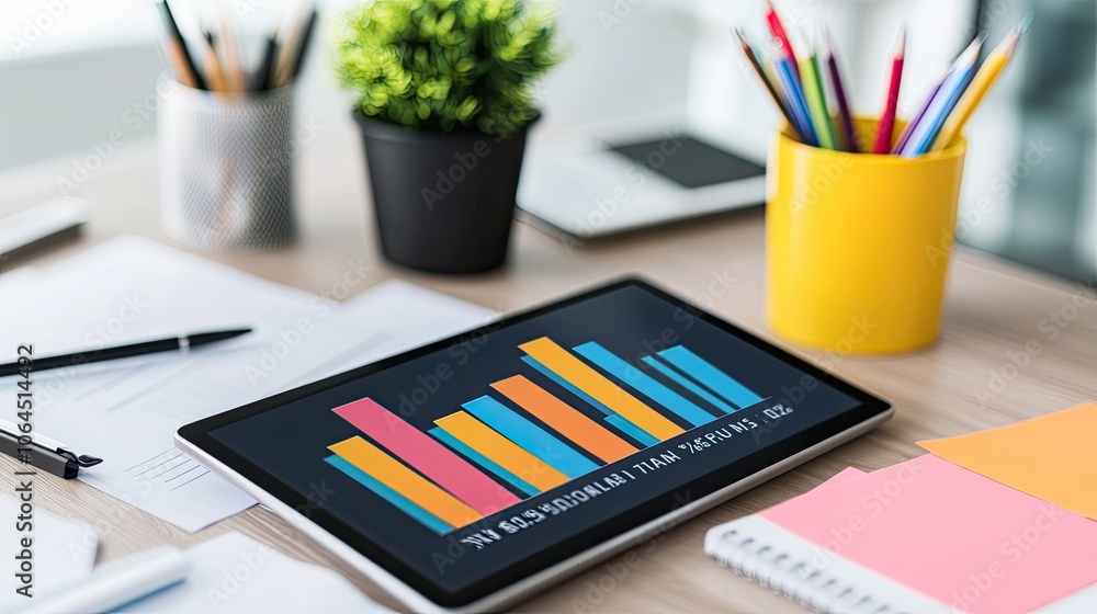Poster modern workspace with tablet and business data display