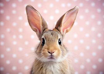 Obraz premium Adorable Rabbit with Big Ears and Curious Eyes Against a Pink and White Polka Dot Background for Cute Animal Photography