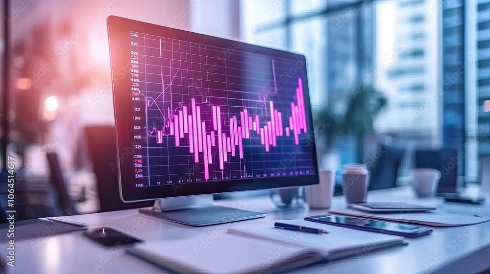 Aufkleber bright office desk with computer and data visualization