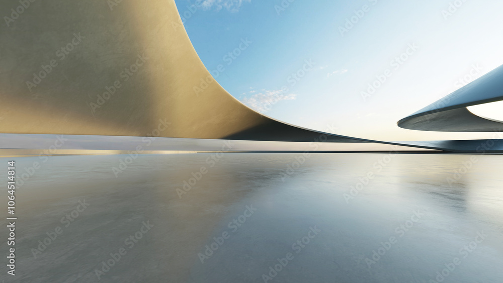 Poster 3d render of white futuristic architecture, abstract wavy structure with empty concrete floor